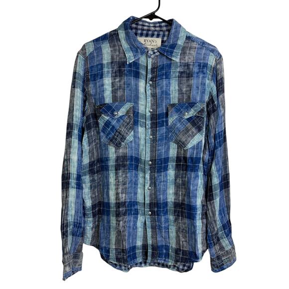 Ryan Michael Linen Shirt Mens Medium Blue Plaid Long Sleeve Button Up Western - Picture 1 of 11